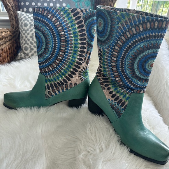New, Turquoise Leather Spring Step Boots with Fabric Upper - Picture 2 of 6